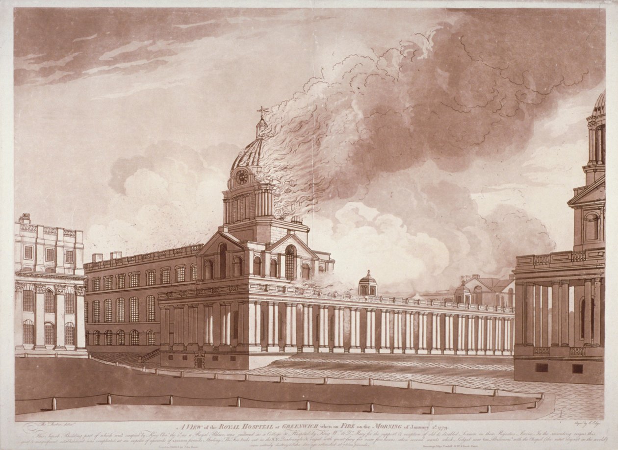 Utsikt over brannen ved Greenwich Hospital, London, om morgenen 2. januar 1779 av E Edye