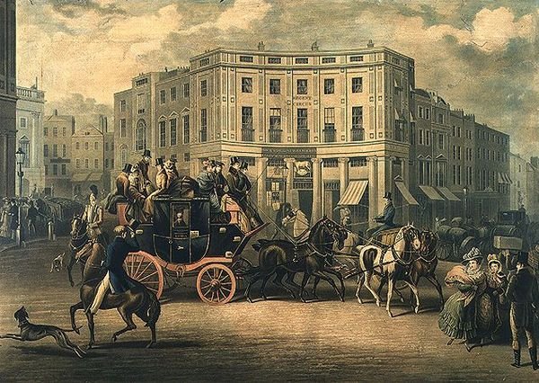 "The Age" Brighton Coach ved Bull and Mouth, Regent Circus (gravering) av E. F. Lambert