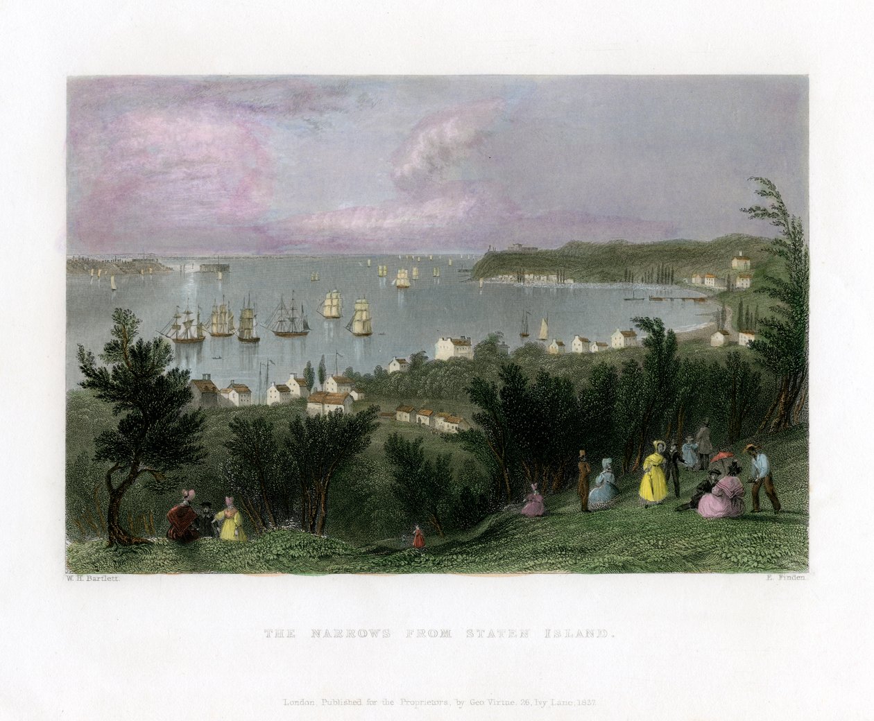 The Narrows sett fra Staten Island, New York, USA, 1837. av E. Finden