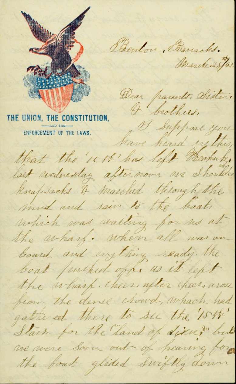 Brev signert E.G. Black, Benton Barracks, Mo., til foreldrene, søsteren og brødrene, 28. mars 1862 av E. G. Black