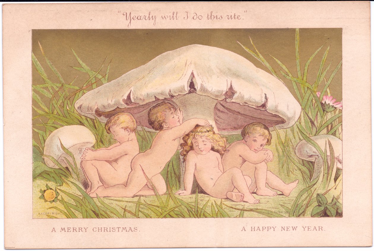 Et viktoriansk jule- og nyttårskort av en gruppe febarn som slapper av under en sopp, alt mot en gullbakgrunn, av Gertrude Thompson, ca. 1895 (farge litho) av E. Gertrude Thompson