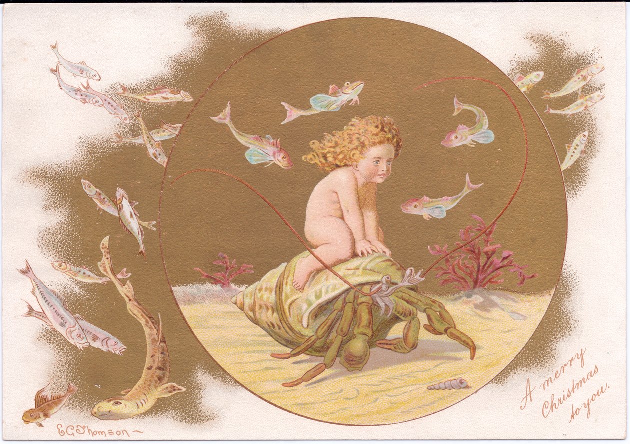 Et viktoriansk julekort av en eremittkrabbe i et skjell som blir ridd av en vannmasse omgitt av en stim av fisk, av Gertrude Thompson, ca. 1895 (farge litho) av E. Gertrude Thompson