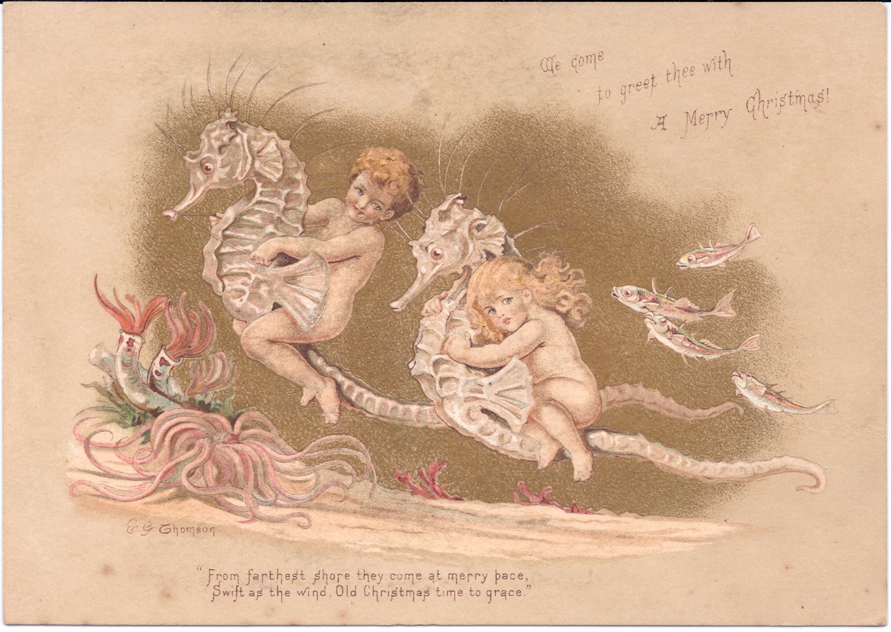 Et viktoriansk julekort med to vannbabyer som rir på en sjøhest med sjøanemoner og en stim av fisk, av Gertude Thompson, ca. 1895 (farge litho) av E. Gertrude Thompson