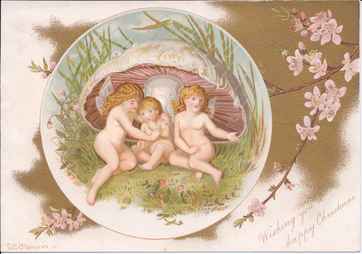 En viktoriansk jul av en gruppe feer som tar ly for regnet under en paddehakk, av Gertrude Thompson, ca. 1895 (farge litho) av E. Gertrude Thompson