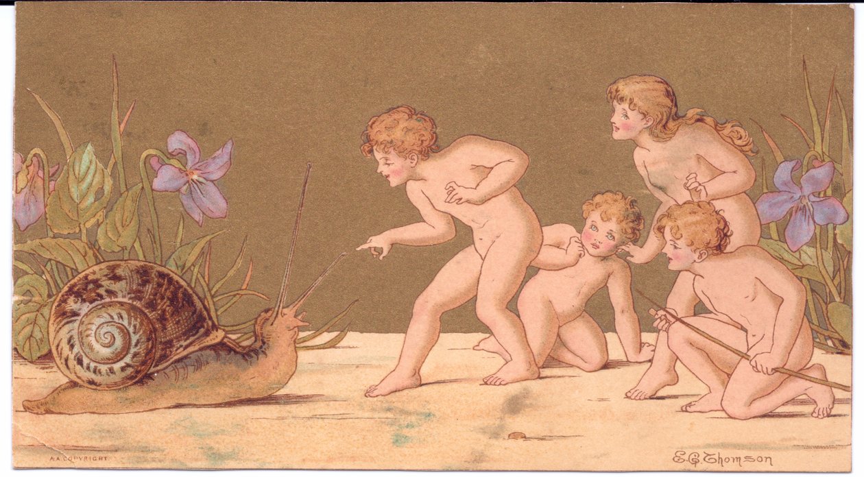 Et viktoriansk gratulasjonskort med fire nakne feer som erter en snegl mot gullbakgrunn, av Gertude Thompson, ca. 1895 (litho-farge) av E. Gertrude Thompson