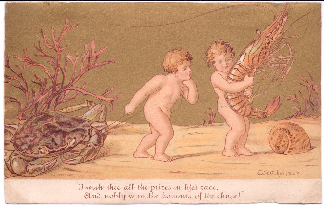 Et viktoriansk gratulasjonskort av to vannbabyer ved et taustykke, med en snegl og koraller på havbunnen, alt mot gullbakgrunn, av Gertude Thompson, ca. 1895 (farge litho) av E. Gertrude Thompson