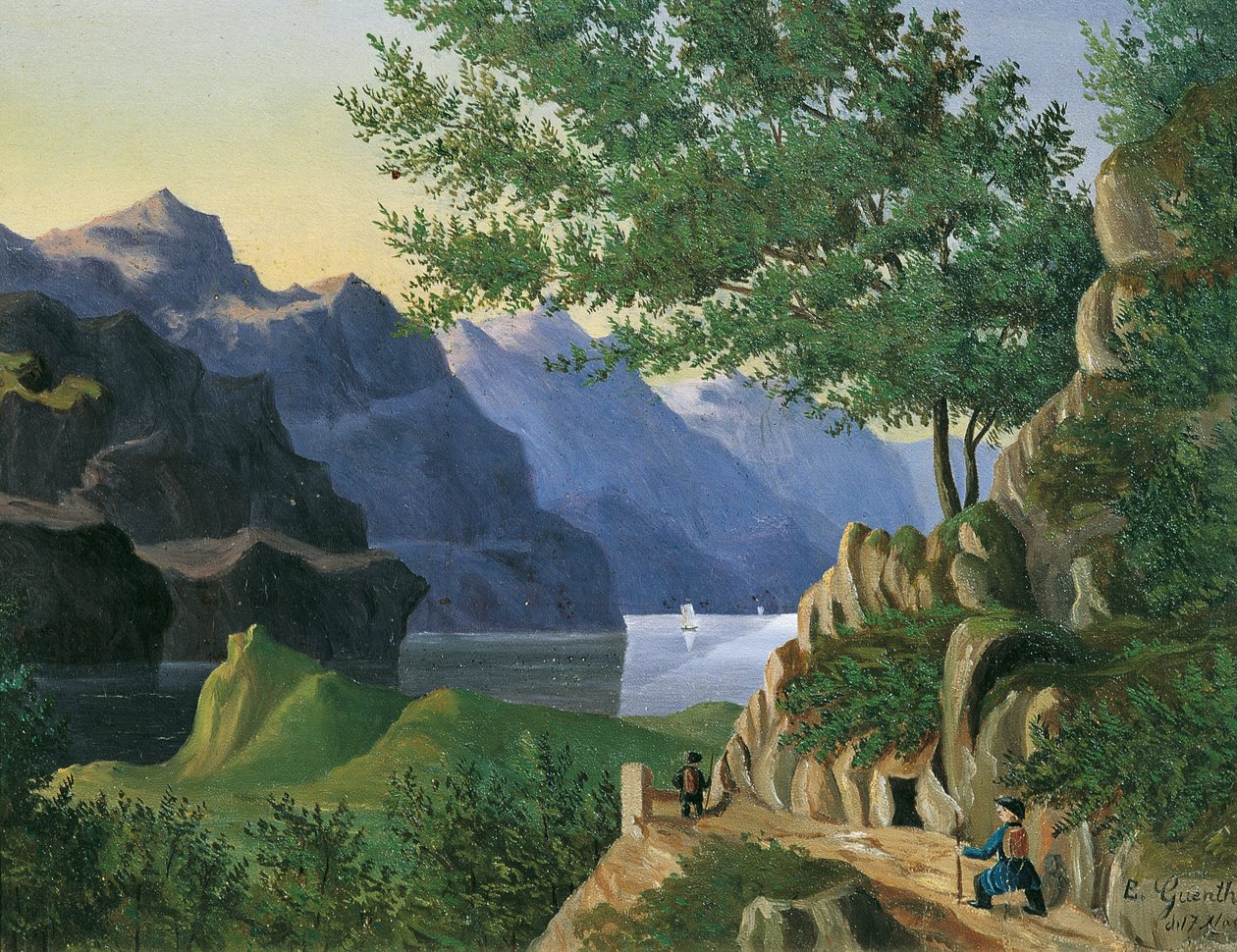 Fjellvann med turgåere av E. Guenther