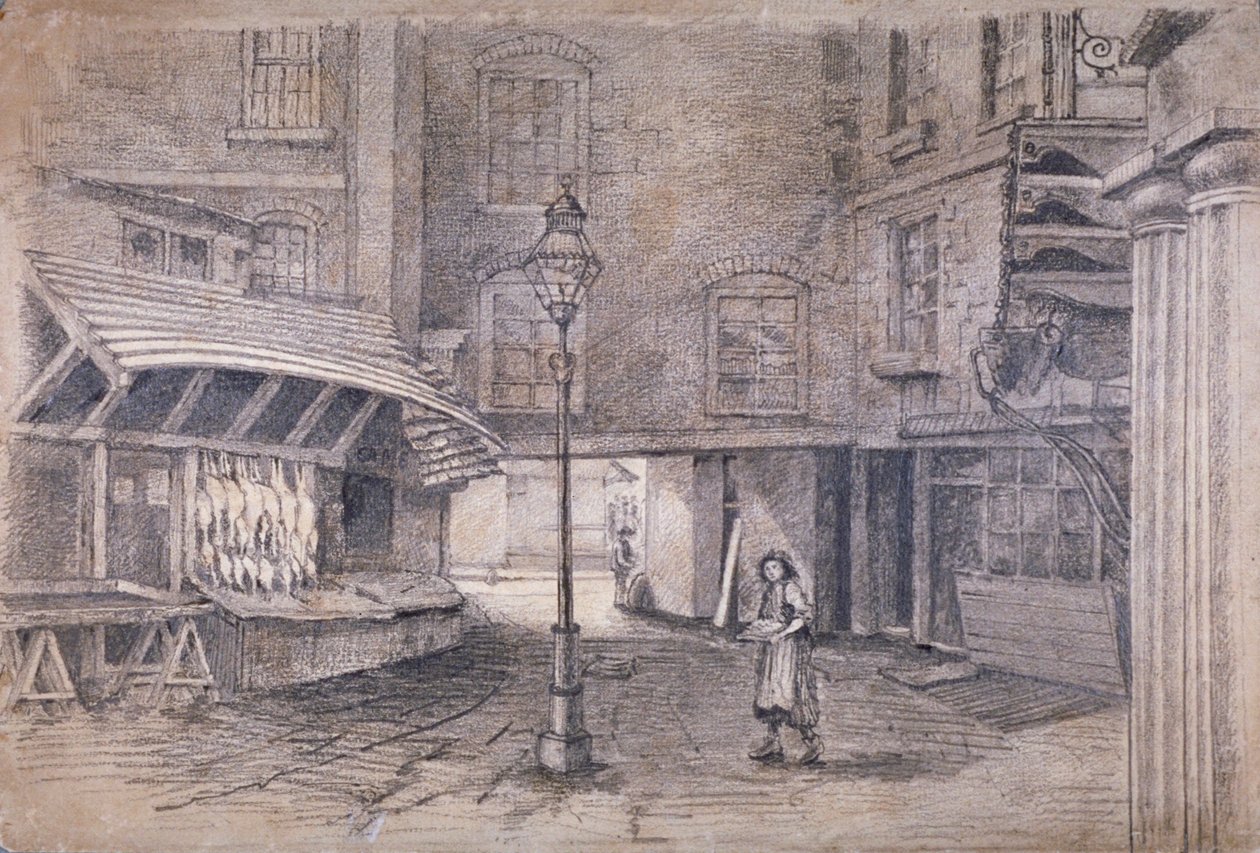 Poulterers butikk i Clare Market, Westminster, London, c1850 av E Holah