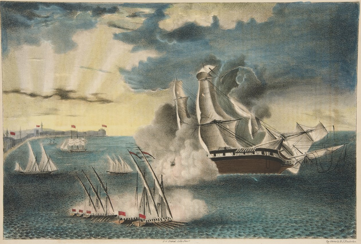 U.S. Fregate Philadelphia on the rocks off Tripoli fra Army and Navy Magazine, pub. 1840 (fargelitografi) av E. J. Pinkerton