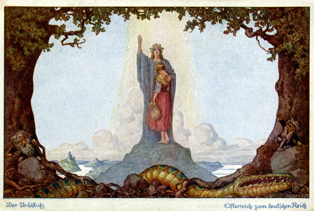 Historie. Unionen av Østerrike og Tyskland. Allegori av E. Kutzer, Østerrike, ca. 1920 (postkort) av E. Kutzer