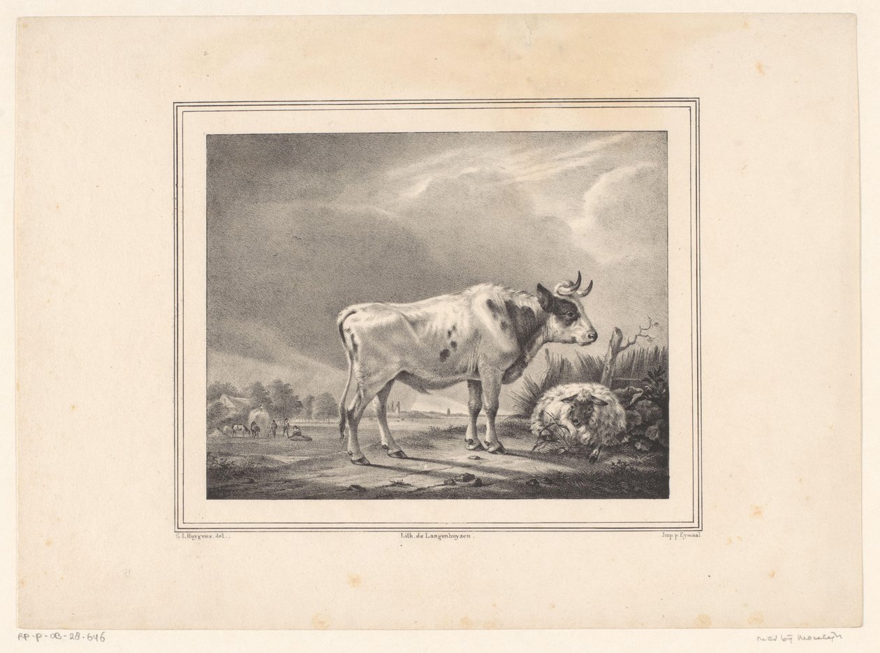 Stående ku og liggende sau i landskap av E. L. Huygens (possibly)