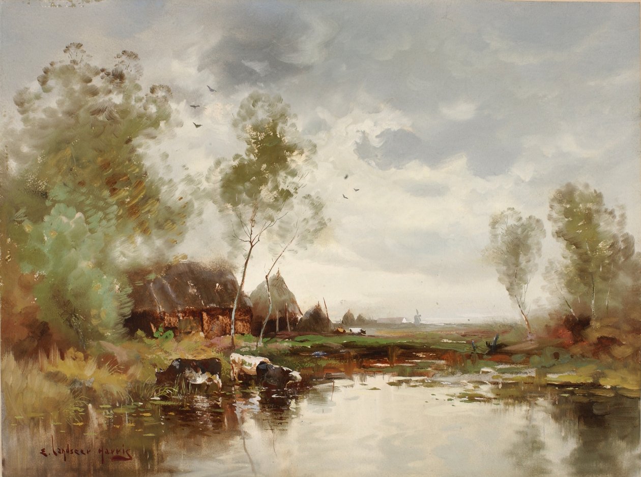 Landskap med vindmølle, slutten av 1800-begynnelsen av 1900-tallet. av E. Landseer Harris