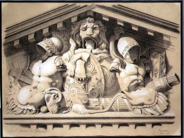 Et skulpturelt pediment i Louvre (kull med hvitt kritt på papir) av E. Laquerbe