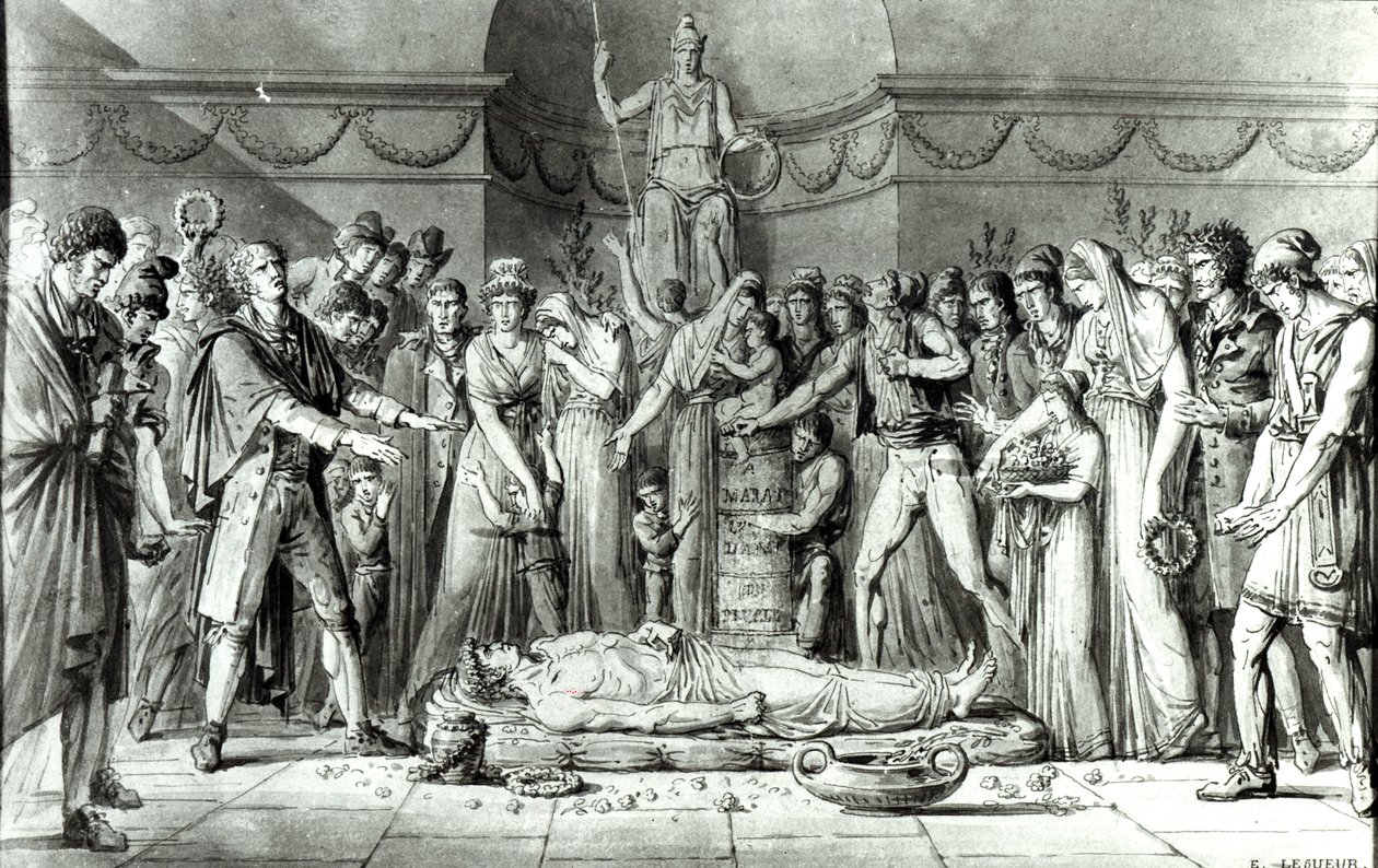 Begravelsen til Jean Paul Marat (1743-93) i kapellet i Club des Cordeliers, 16. juli 1793, ca. 1793 (penn og blekk på papir) (bw-foto) av E. Le Sueur