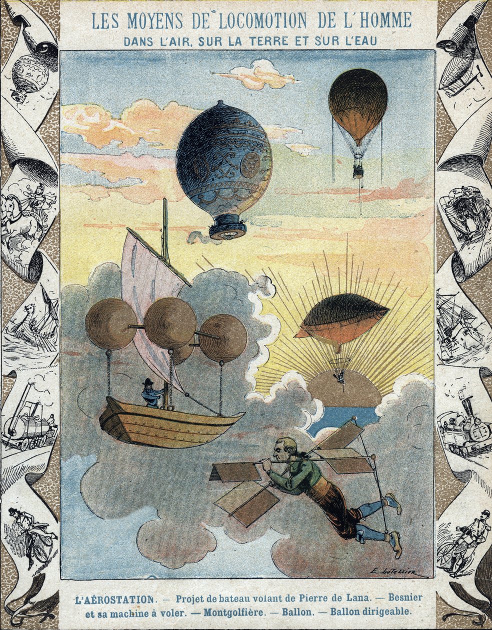 Aerostation - Flybåtprosjekt til Pierre de Lana - Flyvende fly fra Besnier (1678) - Ballong - Ballong - Luftskipsballong - illustrasjon av E Letellier - Beskytt historisk notatbok, slutten av 1800-tallet av E. Letellier