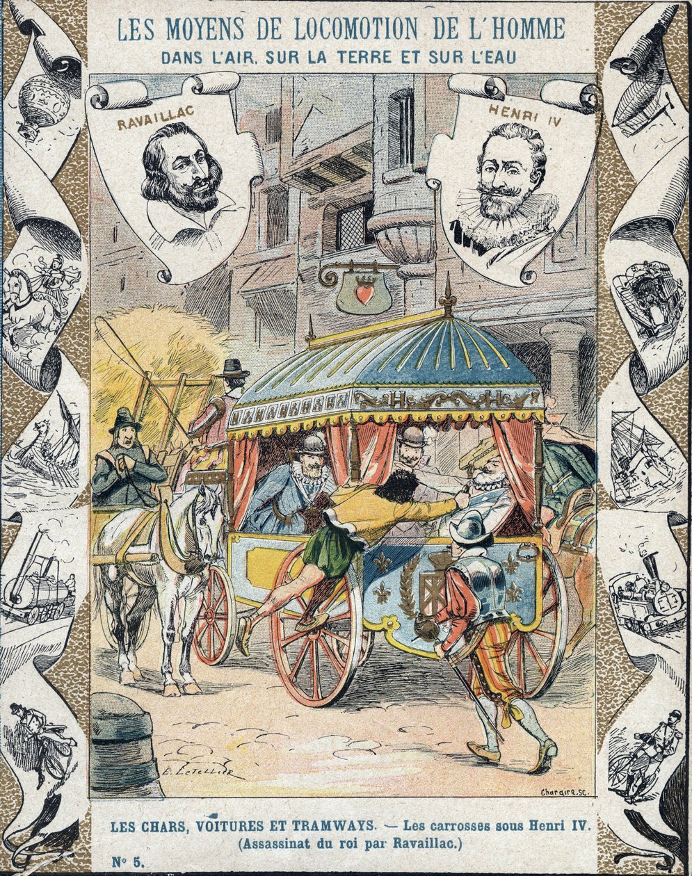 Attentat på Henri IV av Francois Ravaillac i rue de la Ferronerie 14. mai 1610 - Fra et beskyttende omslag for skolebøker, sent på 1800-tallet - Henri IV:s død: Mordet på Henry IV (1553 - 1610) 14. mai 1610 av Francois Ravaillac (1 av E. Letellier
