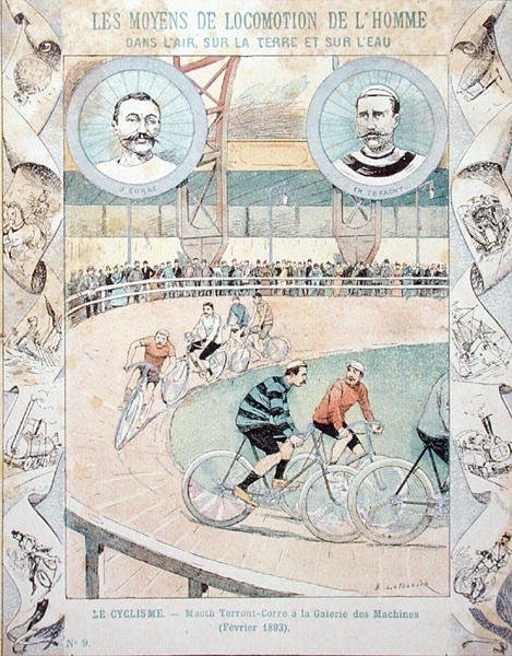 Charles Terront (1857-1932) og Jules Corre ved Galerie des Machines i februar 1893, fra en skolebok (farge litho) av E. Letellier