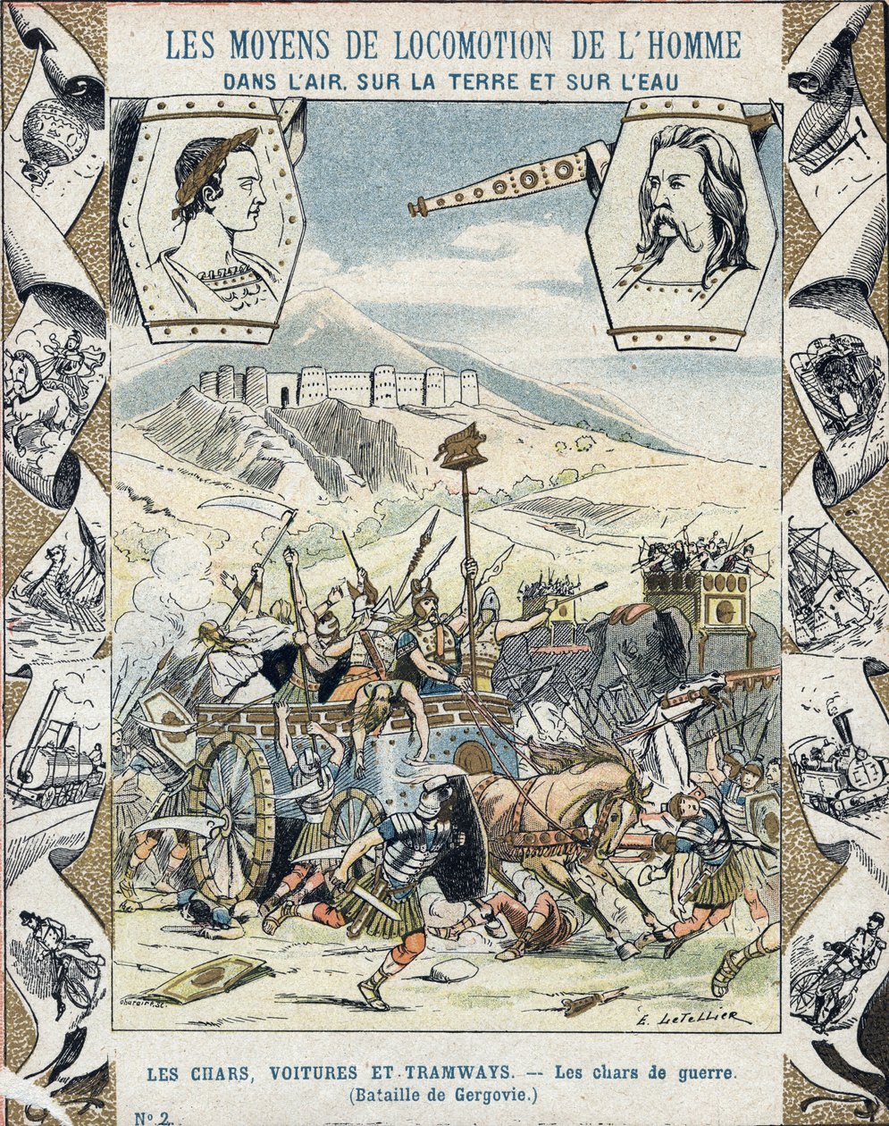 Galliske krigsvogner i slaget ved Gergovia - Fra et beskyttende omslag for skolebøker, slutten av 1800-tallet - Tanks de guerre a faux - Vercingetorix a la battle de Gergovia (52 f.Kr.) under gallernes krig - illustrasjon av E Letellier - Protege notebo av E. Letellier