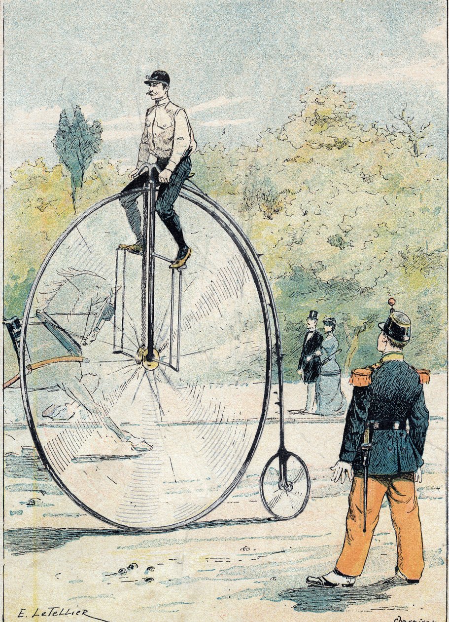 Grand bi (Grand-Bi) with front wheel diameter greater than 1.50 m - From a protective sleeve for school books, late 19th century - illustration by E. Letellier - Protege notebook historical, late 19th century - av E. Letellier