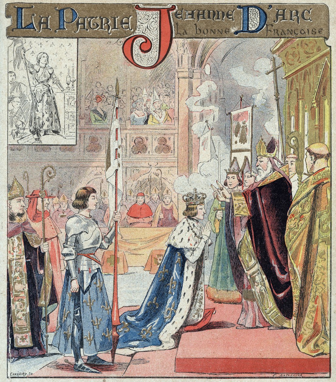 Joan of Arc takes part in the coronation ceremony of Charles VII in Reims on 17 July 1429 - From a protective sleeve for school books, late 19th century - King Charles VII (1403-1461) receives the crown in the Cathedrale of Reims on 17/07/1429 in the prese av E. Letellier