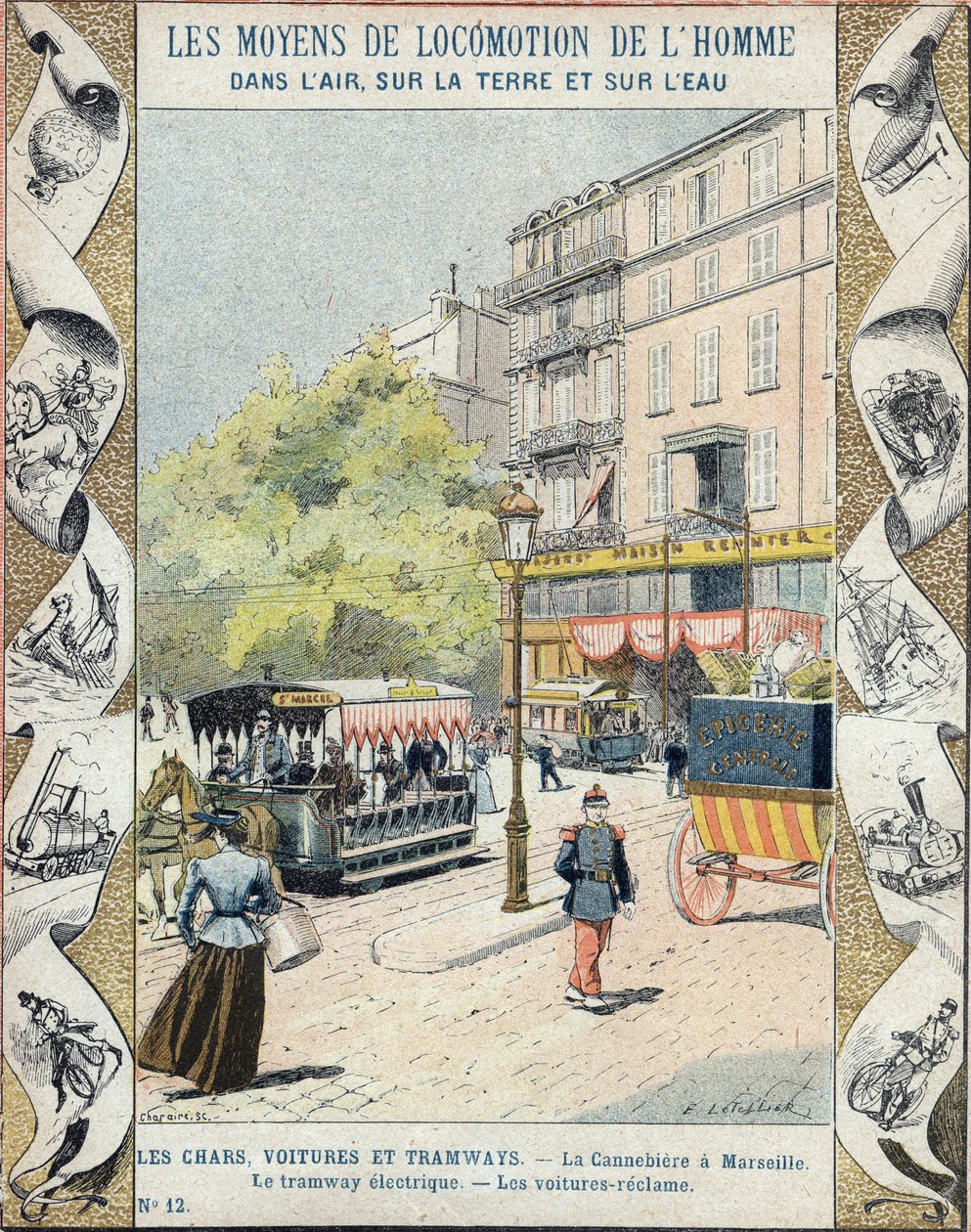 La Canebiere i Marseille - den elektriske trikken - bilene gjenvinner - illustrasjon av E Letellier - Beskytt historisk notatbok, slutten av 1800-tallet av E. Letellier