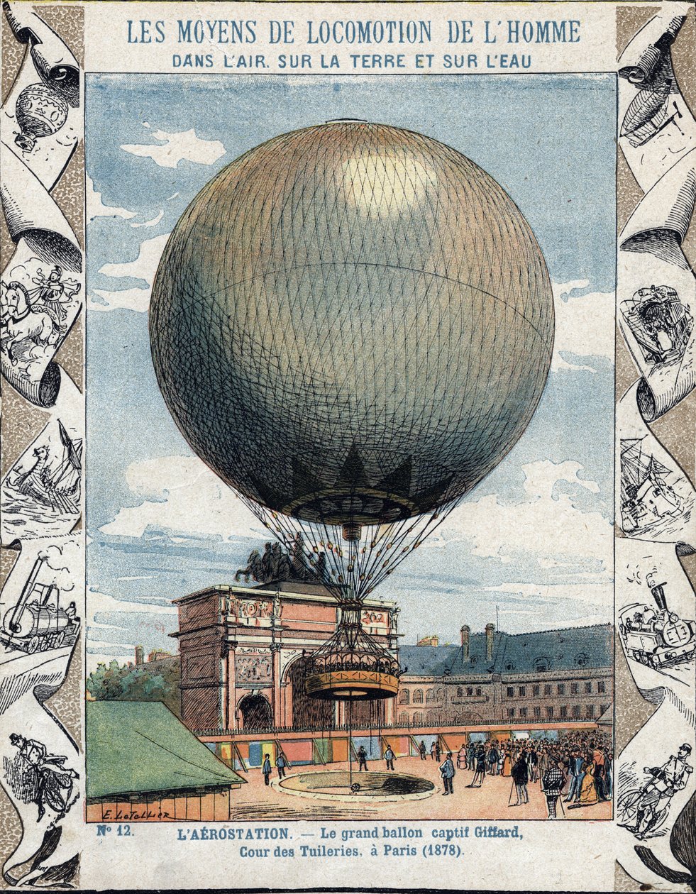 Drift av inflasjon og utstyr av ballongen til Henry Giffard til Tuileriene i Paris 1878 - Fra et beskyttende omslag for skolebøker, slutten av 1800-tallet - illustrasjon av E Letellier - utstilling universelle de 1878 i Paris: inflasjon av av E. Letellier