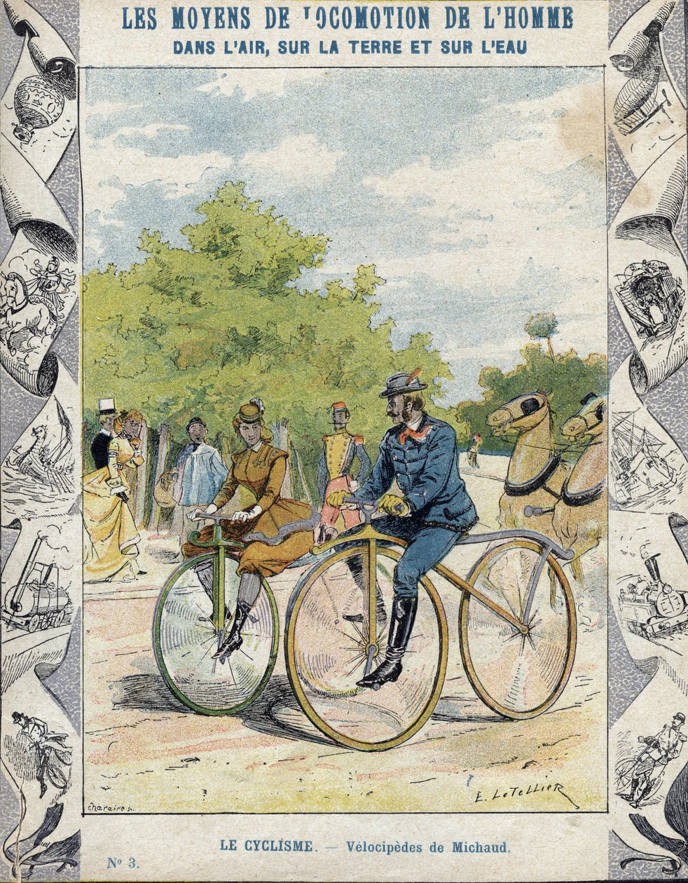 Pierre Michaux og Michaudine velocipedes - Fra et beskyttende omslag for skolebøker, sent på 1800-tallet - velocipedes a pedale (les michaudines) av Pierre Michaux (1813-1883) av E. Letellier