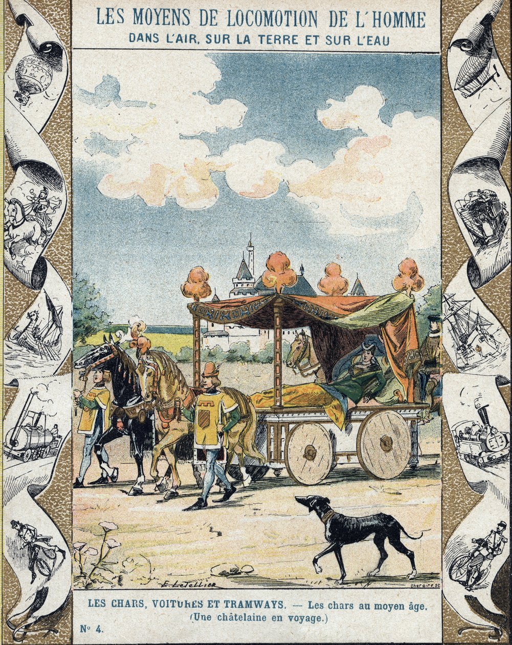 Tanker i middelalderen - A Chatelaine en voyage - illustrasjon av E Letellier - Beskytter historisk notatbok, sent på 1800-tallet av E. Letellier