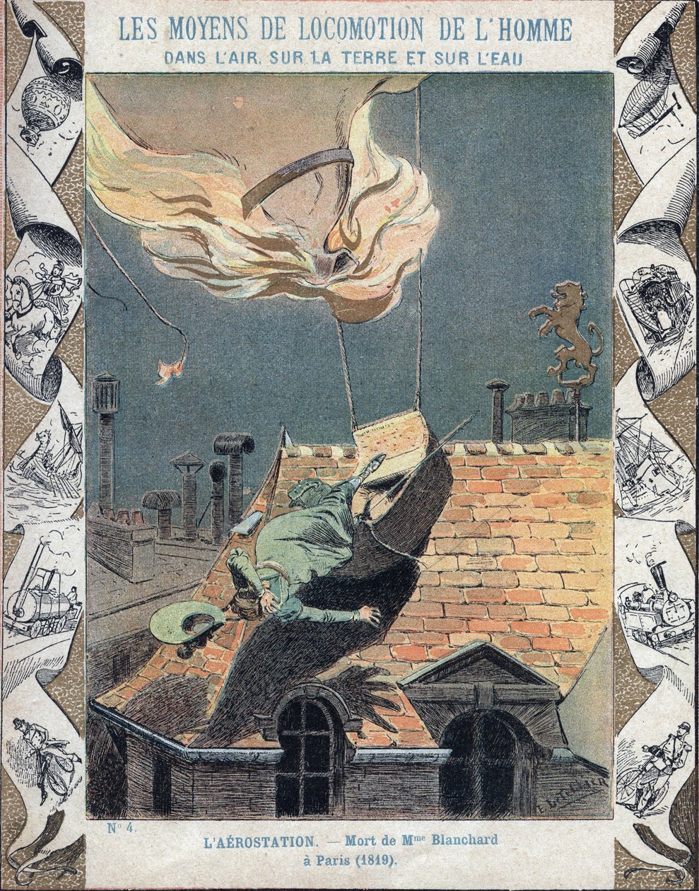 Dødsfallet til Marie Blanchard, kona til luftfartsnaut Jean Pierre Blanchard, da ballongen hennes tok fyr under en demonstrasjon over Paris, 6. juni 1819 - Fra et beskyttende omslag for skolebøker, sent på 1800-tallet - Mort de Madame Blanchard - 16. juli  av E. Letellier