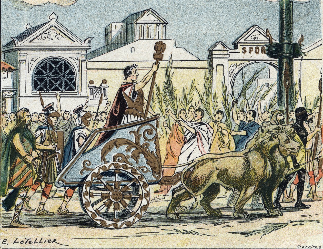 Den triumferende kortegen til Jules Cesar (Giulio Cesare eller Caius Julius Caesar) politiker og romersk forfatter av E. Letellier