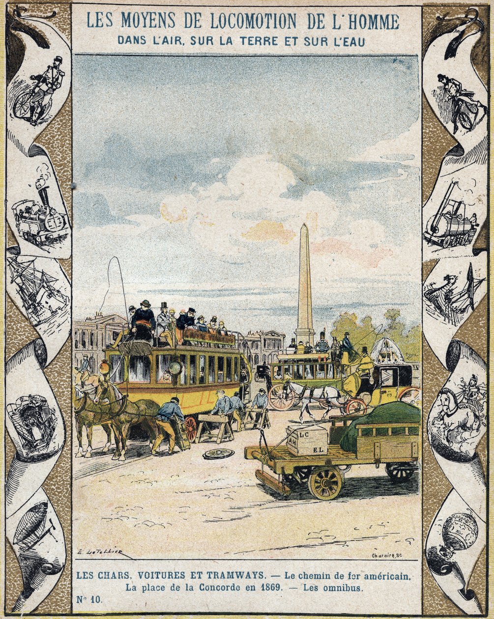 Trafikk på Place de la Concorde i Paris i 1869: hestetrukket omnibus og "" chemin de fer americain"" (trikkelinje) - Fra et beskyttende omslag for skolebøker, sent på 1800-tallet - Tanker, biler og sporveier: den amerikanske jernbanen, Place de Concorde de av E. Letellier