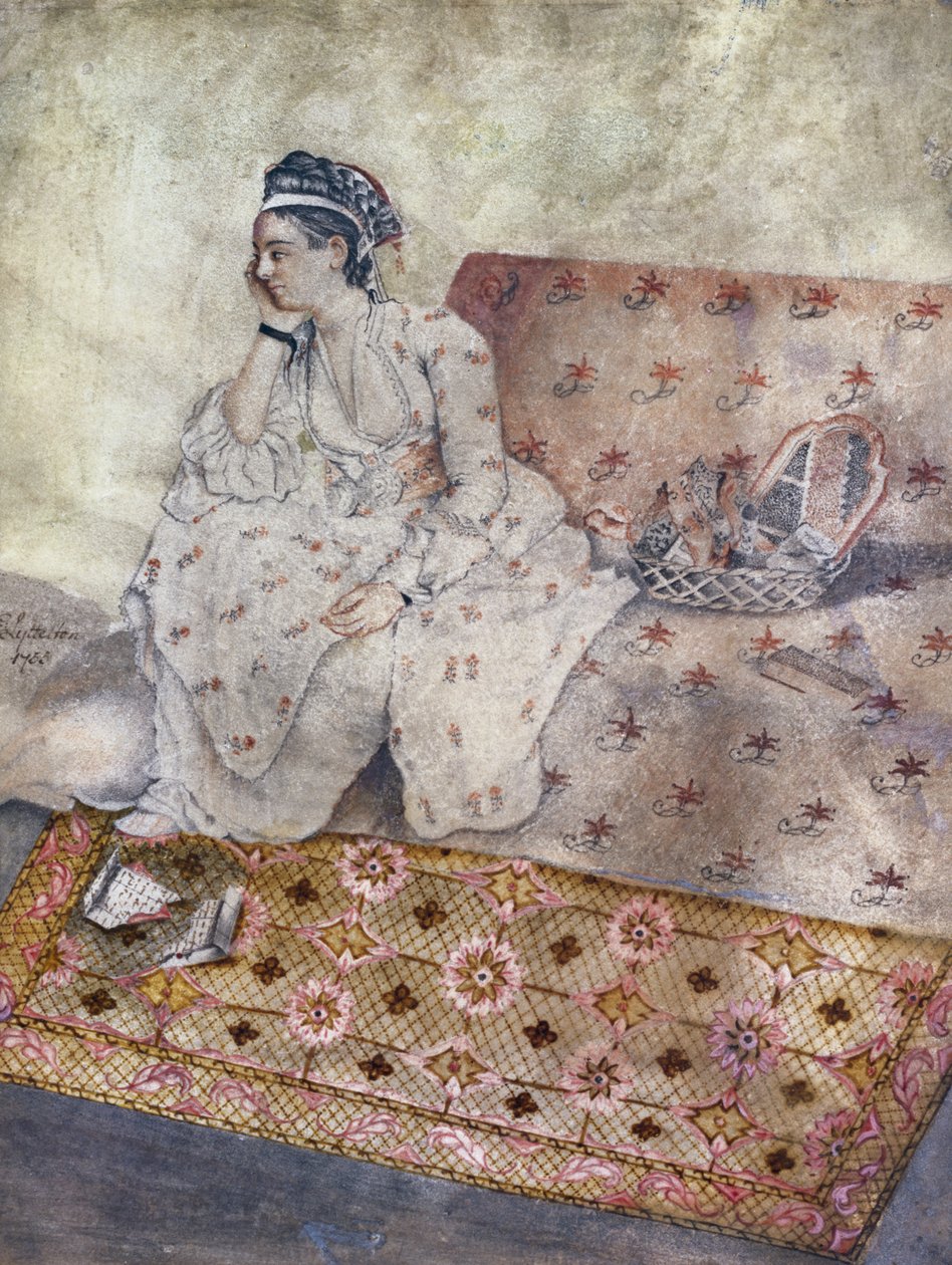 Portrett av Mary Gunning, grevinne av Coventry, etter en tegning av Jean-Etiene Liotard, 1755 (wc på papir) av E. Lyttleton