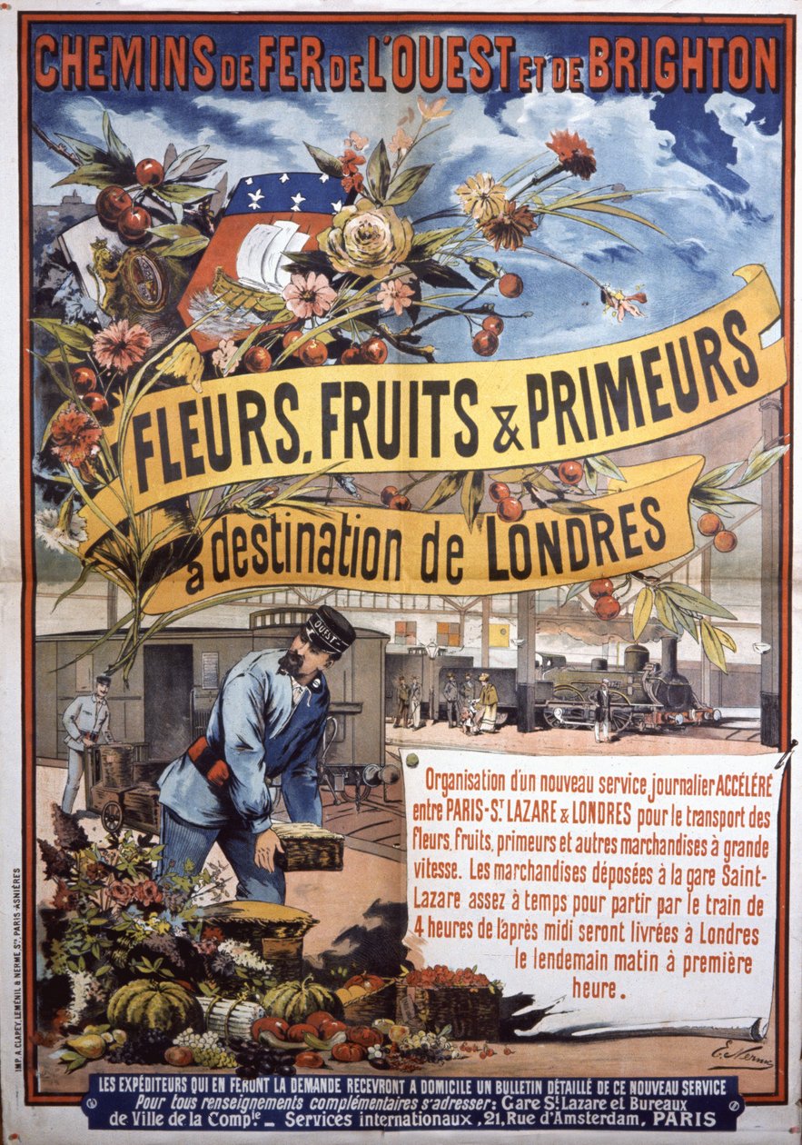 Transport med tog fra Paris til London, slutten av 1800-tallet (plakat) av E. Nerme