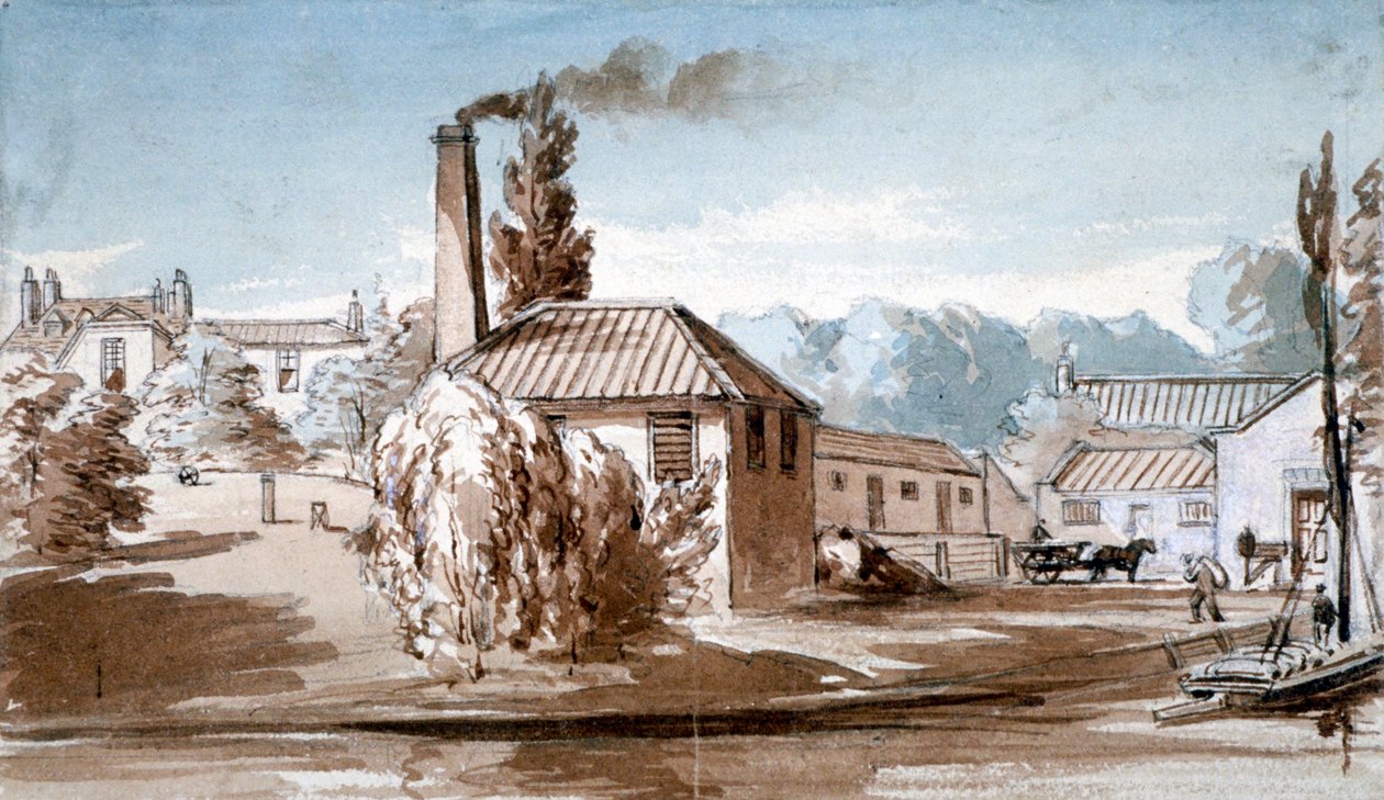 Utsikt over Stephenson og Giles Starch Works på Old Ford, Bow, London, c1830. av E Noyce