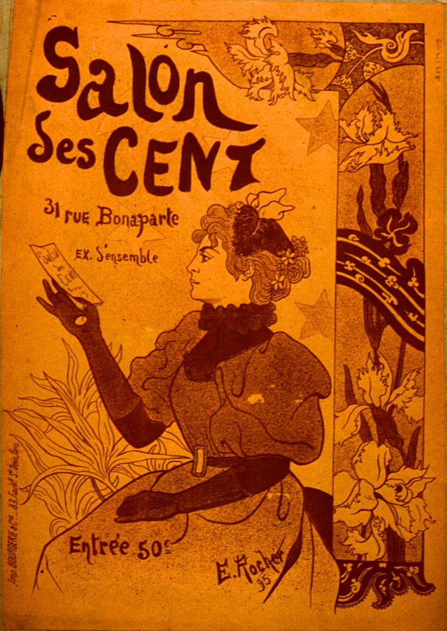 En kvinne undersøker en invitasjon, Salon des Cent av E. Rocher