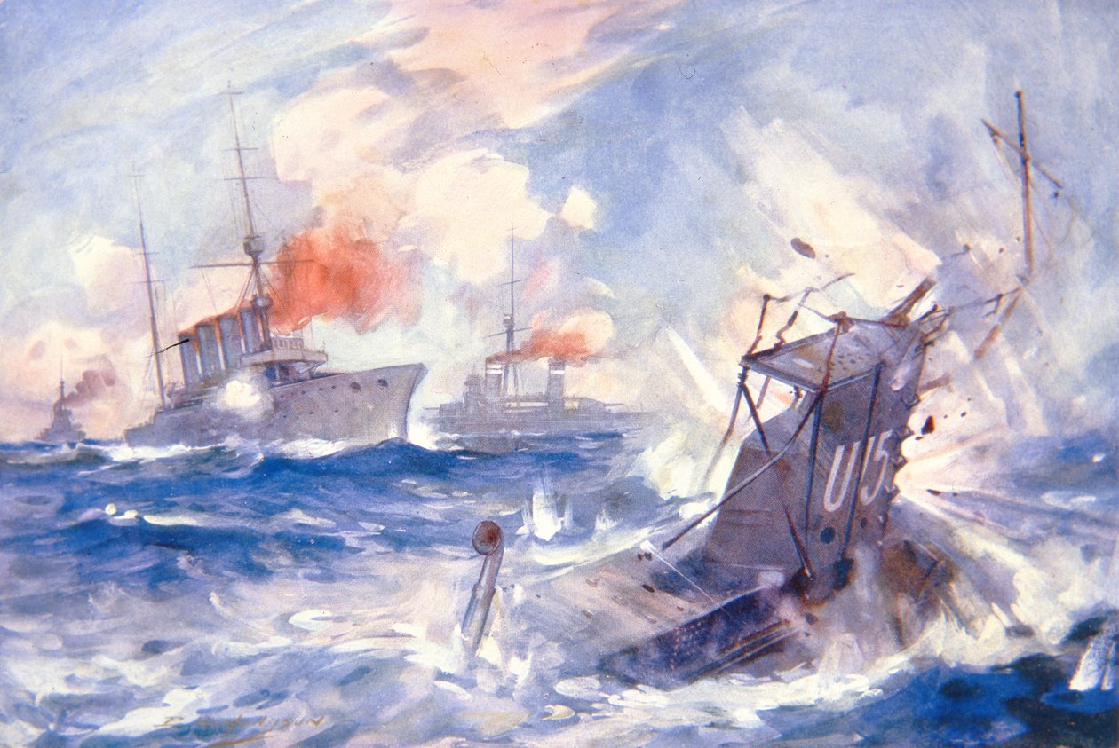 The Senking of the German Submarine U15 av HMS Birmingham (farge litho) av E. S. (after) Hodgson