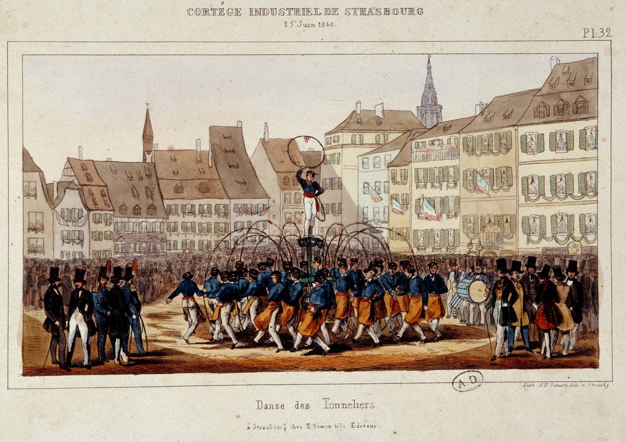 La danse des tonneliers under industrikortesjen i Strasbourg 25.06.1840. Litografi av Simon av E. Simon