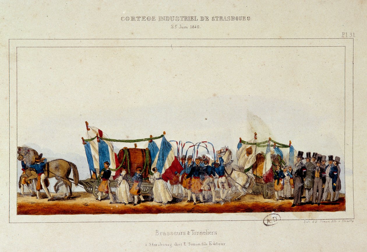 Dansen til bryggere og bødkere under industrikortesjen i Strasbourg 25.06.1840. Litografi av Simon av E. Simon