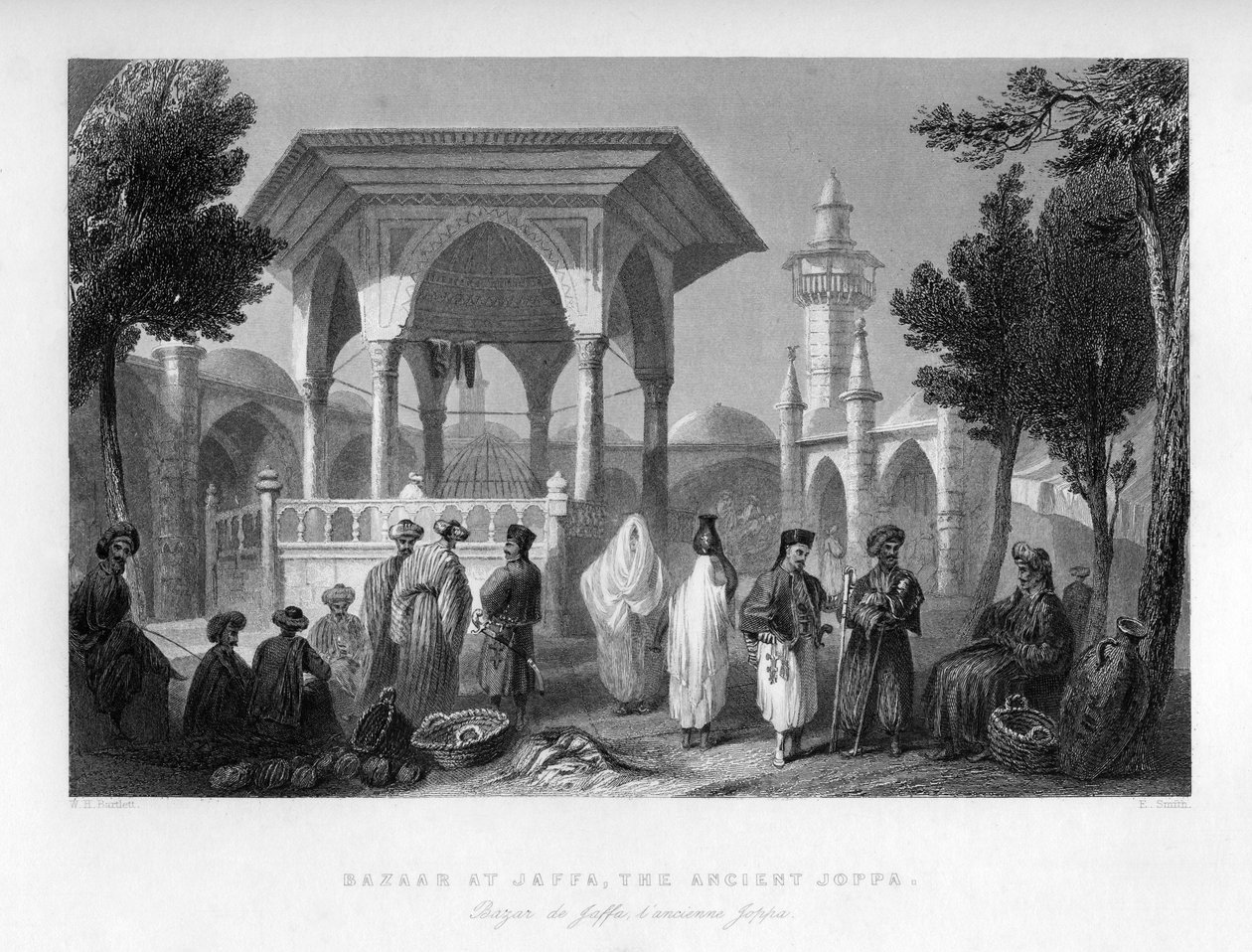 Basaren i Jaffa, den gamle Joppa, Palestina, Israel, 1841. av E. Smith