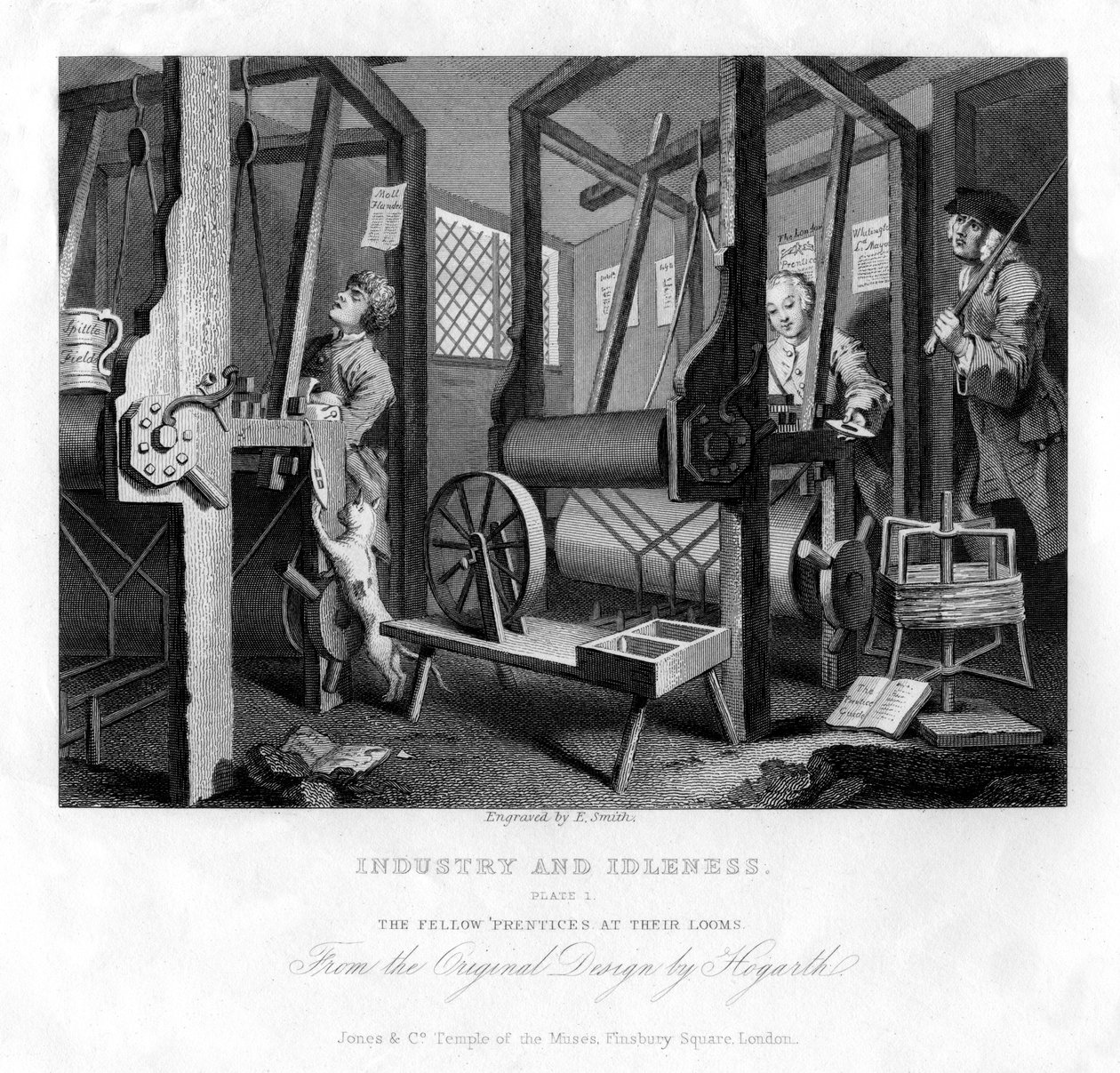 Medlærlingene ved deres vevstoler, plate I of Industry and Idleness, 1833. av E. Smith