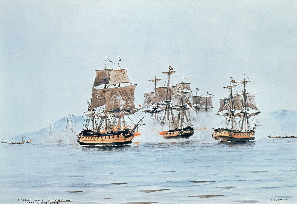 Commodore Macdonough i Saratoga beseirer britene, slaget ved Lake Champlain av E. Tufnell