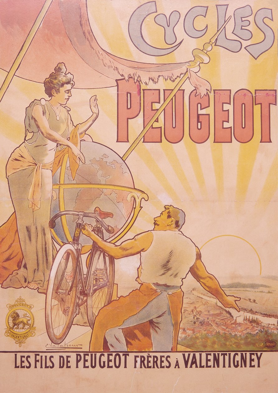 Plakat som reklamerer for Peugeot-sykler, sent på 1800- og begynnelsen av 1900-tallet av E Vavasseur