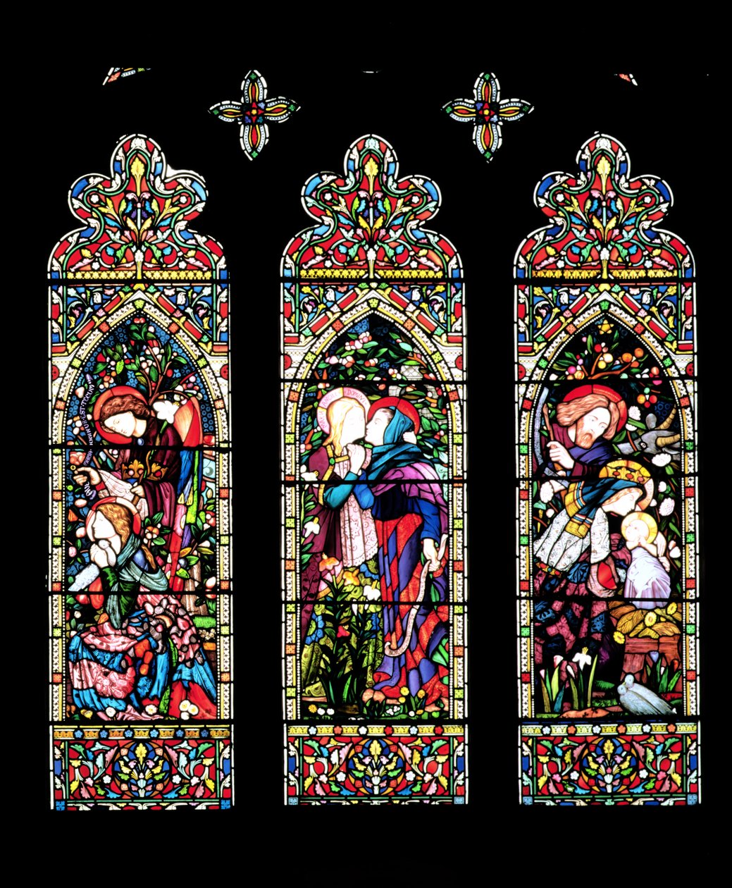 Bebudelsen, besøket og fødselen, laget av Lavers og Barraud, 1860 (farget glass) (se også 11886) av E. and Halliday, M. F. Burne Jones