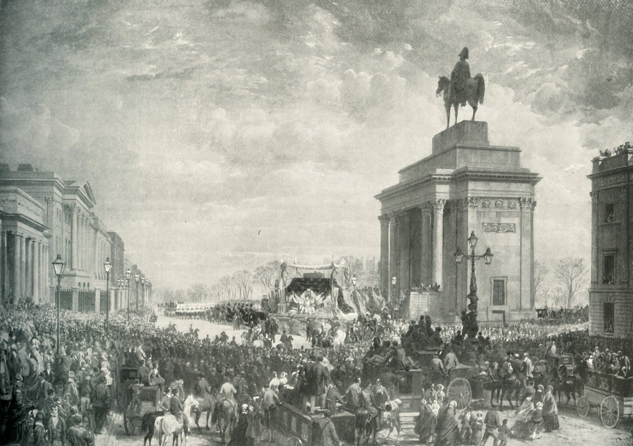 Begravelsen til hertugen av Wellington som passerer Apsley House, 18. november 1852, c1897 av E. and S. Woodbury