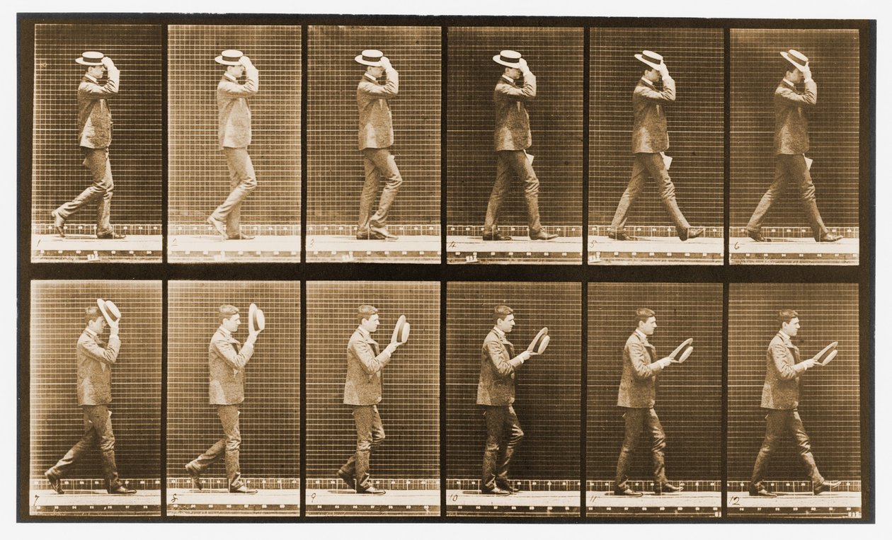 Bildesekvens av en mann med hatt som går, 'Animal Locomotion'-serien, ca. 1887 av Eadweard Muybridge