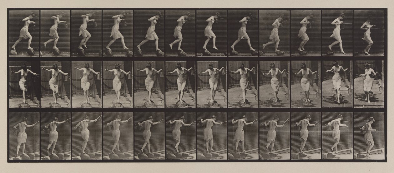 Plate Nummer 175. Kryssende bekkefar på trinnsteiner med fiskestang og boks, 1887 (kollotype) av Eadweard Muybridge