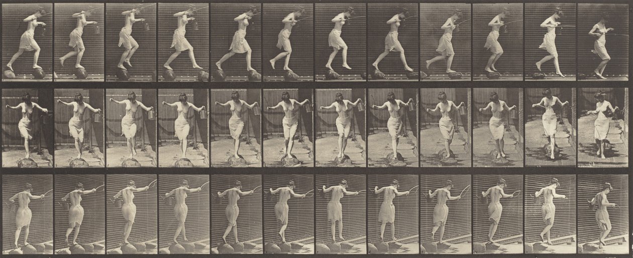Plate nummer 175. Kryssende bekke på trappestein med fiskestang og boks, 1887. av Eadweard Muybridge