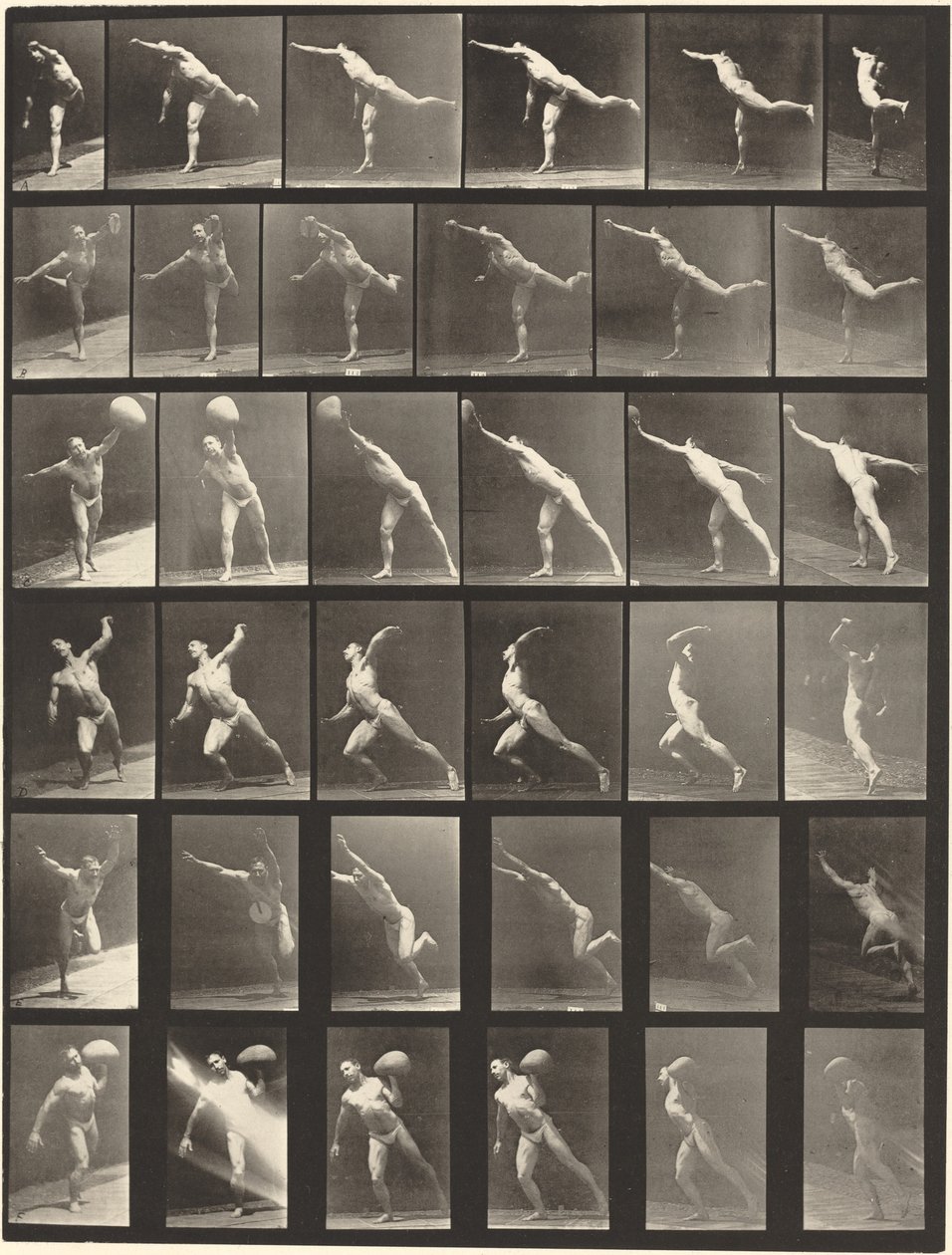 Plate nummer 523. A: Slå et slag. B, E: Kasteskive. C, F: Heving a 75-lb. Stein..., 1887. av Eadweard Muybridge