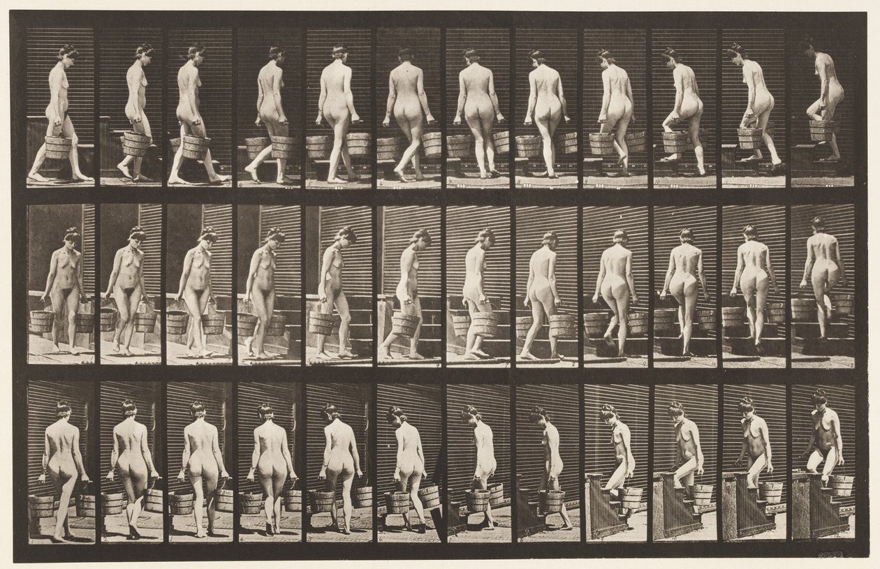 Plate 104. Svingende og stigende trapper, bøttevann i hver hånd, 1872-1885 av Eadweard Muybridge