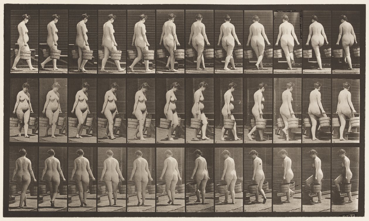 Plate 106. Vende for å gå opp trapper, bøtte med vann i hver hånd, 1872-1885 av Eadweard Muybridge